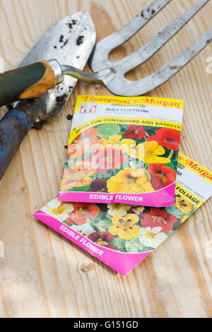 Tropaeolum. Nasturtium seed packets. Edible flower seeds Stock Photo