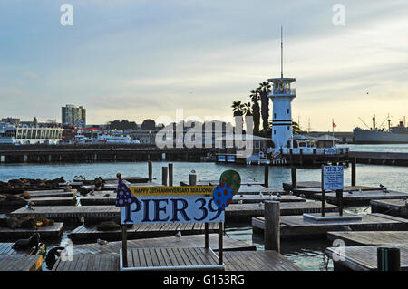 San Francisco, California, Usa: Fisherman’s Wharf, view of Pier 39 at sunset. Pier 39 opened October 4, 1978 Stock Photo