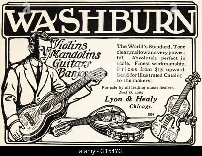 Original old vintage American magazine advert from the Edwardian era dated 1910. Advertisement advertising Washburn violins mandolins guitars & banjos by Lyon & Healy of Chicago USA Stock Photo