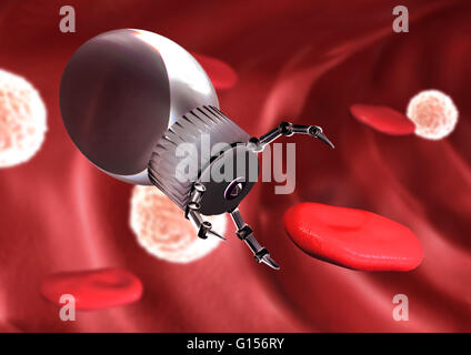 Nanotechnology. Nanobot aiding red blood cell. Stock Photo