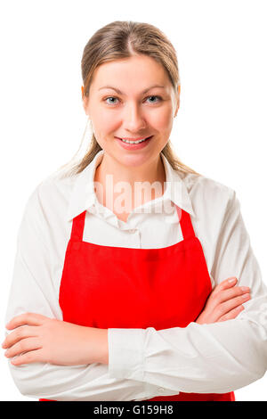 portrait of a beautiful brunette in a red apron Stock Photo