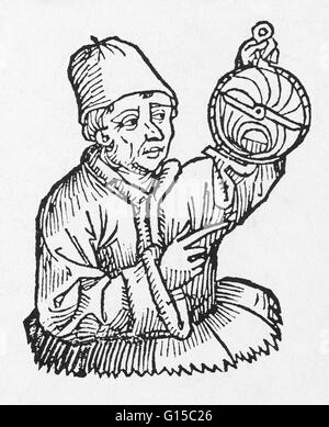 Portrait of Regiomontanus from Liber chronicarum mundi, Nuremberg (1493). Johannes Muller von Konigsberg (June 6, 1436 - July 6 1476) today best known as Regiomontanus, was a German mathematician, astronomer, astrologer, translator, instrument maker and C Stock Photo