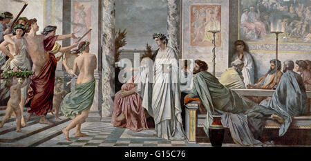 The Symposium of Plato by Anselm Feuerbach. Plato (424/423-348/347 BC) was a Classical Greek philosopher, mathematician, student of Socrates, writer of philosophical dialogues, and founder of the Academy in Athens, the first institution of higher learning Stock Photo