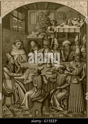 The settlement of year end accounts by a Rouen charity in 1466. Methodical adjustment of credit and cash emerged as a vital part of financial techniques in 14th and 15th century Europe. Stock Photo