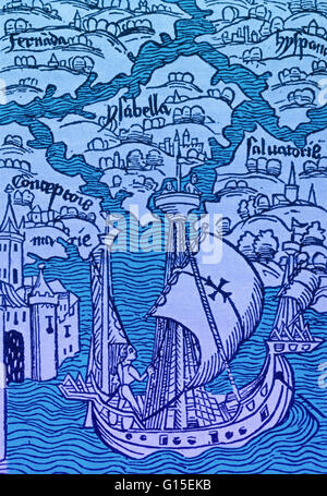 The islands discovered by Columbus, from the illustrated edition of the Columbus letter to Gabriel Sanchez, published in Basle a year after the first voyage in 1492. Stock Photo