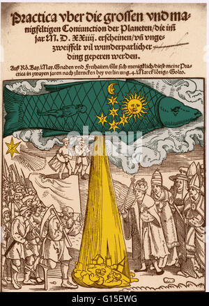 The predicted floods of 1524, early 16th century. A great fish is the sky representing Pisces. A flood pours from it sweeping away a small group of houses and people. The clergy and a king gather on the right, and on the left are a crowd of men carrying t Stock Photo