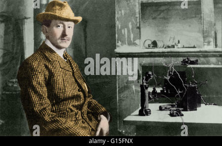 Marconi in December 1901 at Signal Hill, St. John's, Newfoundland, with instruments used to receive the first Transatlantic wireless signals. Guglielmo Marconi (April 25, 1874 - July 20 1937) was an Italian inventor, known as the father of long distance r Stock Photo