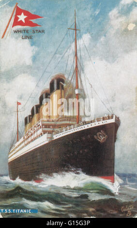 The Titanic steamship was the largest ship ever built at the time. In 1912, the ship sailed from Southampton, England to New York City. On April 14th, 1912 the ship struck an iceberg near Grand Banks and sank the next day. Only about 700 people survived o Stock Photo