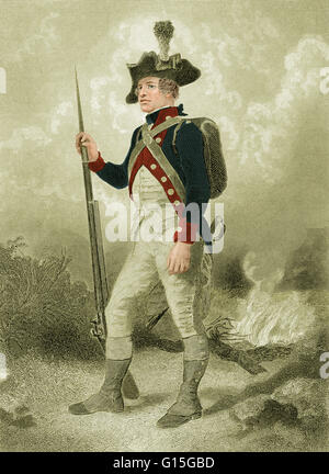 American Continental soldier, c. 1775.  Engraved by John C. McRae from a painting by Alonzo Chappel (1828-1887).  The American Continental Army was formed after the outbreak of the American Revolutionary War by the Thirteen American Colonies.  George Wash Stock Photo