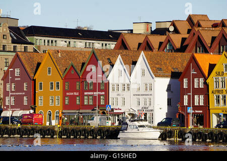Traditional wooden Hanseatic merchants buildings of the Bryggen, UNESCO, in harbour, Bergen, Hordaland, Norway Stock Photo
