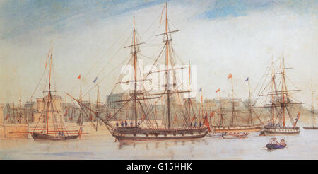 HMS Beagle was a Cherokee-class 10-gun brig-sloop of the Royal Navy. She was launched in May 1820 from the Woolwich Dockyard on the River Thames. In July of that year she took part in a fleet review celebrating the coronation of King George IV of the Unit Stock Photo