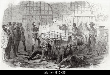 Engraving entitled: 'Harpers Ferry Insurrection. Interior of the Engine House, just before the gate is broken down by the storming party.' The print shows Brown with hostages. John Brown, a white abolitionist, attempted to start an armed slave revolt by s Stock Photo