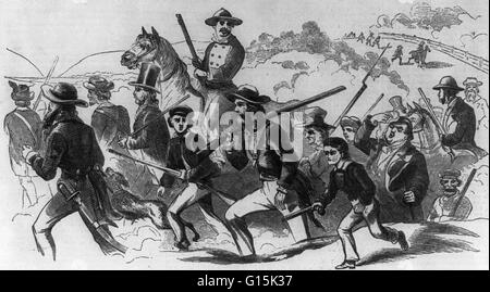Engraving entitled: 'En route for Harpers Ferry.' John Brown, a white abolitionist, attempted to start an armed slave revolt by seizing a military arsenal at Harpers Ferry, Virginia in 1859. He was defeated by a detachment of Marines led by Colonel Robert Stock Photo