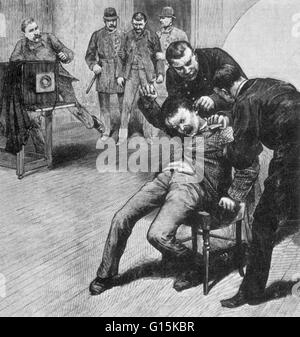 An illustration of a criminal being held down for a mug shot at police headquarters during the anarchist trials (known as the Haymarket affair) in Chicago, Illinois. The Haymarket affair concerns a bombing that occurred at a labor demonstration in support Stock Photo