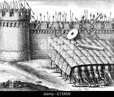 In Ancient Roman warfare, the testudo or tortoise formation was a formation used commonly by the Roman Legions during battles, particularly sieges. Testudo is the Latin word for 'tortoise'. The shields would be held in such a way that they presented a shi Stock Photo