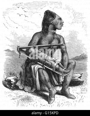 19th century engraving of a Chinook woman and child, showing their method of flattening children's heads, and the look this achieves in adults. The woman also sports traditional body markings. Originally published in Harper's magazine. Stock Photo