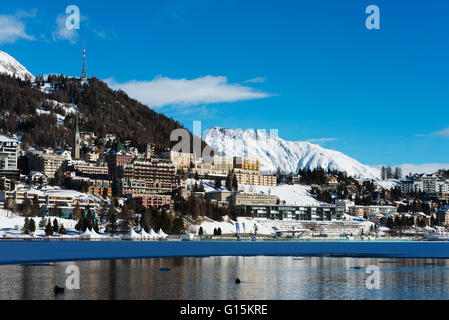 Lakeside, St. Moritz in winter, Engadine, Graubunden, Switzerland, Europe Stock Photo