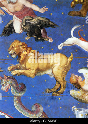 Leo constellation on the ceiling in the Villa Farnese, Caprarola, Italy painted in 1575. Leo is one of the constellations of the zodiac, lying between Cancer to the west and Virgo to the east. Its name is Latin for lion. One of the 48 constellations descr Stock Photo