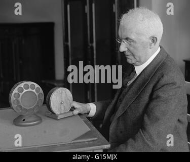 Berliner, with the model of the telephone transmitter (one of the first type of microphones) he invented, 1927. Emile Berliner (May 20, 1851 - August 3, 1929) was a German-born American inventor. He became interested in the new audio technology of the tel Stock Photo
