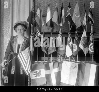 Mrs. Carrie Chapman Catt with flags of 22 nations, 1917. Carrie Chapman Catt (January 9, 1859 - March 9, 1947) was a women's suffrage leader. She graduated from Iowa State College where she was a member of Pi Beta Phi, the valedictorian of her class, and Stock Photo
