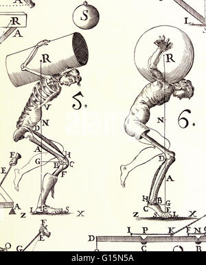 Illustration from De Motu Animalium (On Animal Motion, 1680) by Alfonso Borelli (1608-1679). Borelli studied and illustrated the biomechanics of the living body as a system of levers, pistons and pivots. This image shows how the human body centers and sus Stock Photo