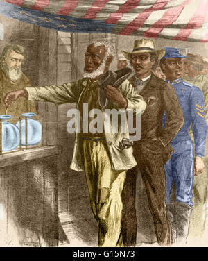Etching entitled and captioned: 'First Black Vote. Though there would be still so many rivers to cross and mountains to climb, this was indeed a glorious, inspiring, landmark event. We can sense the many years this gray-haired man has waited for this mome Stock Photo