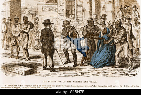 An engraved illustration by Geroge Cruikshank of a scene from the novel 'Uncle Tom's Cabin' by American abolitionist and author, Harriet Beecher Stowe (1811-1896), in which an enslaved woman is separated from her child. 'The old men of the company, partly Stock Photo