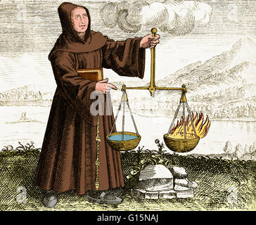 Engraving from 'Symbola aureae' (1617) by Michael Maier, showing Roger Bacon conducting an experiment. Roger Bacon (1214-1294) was an English philosopher and Franciscan friar who placed considerable emphasis on the study of nature through empirical method Stock Photo