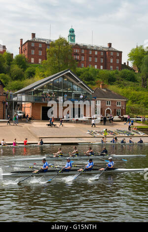 Shrewsbury School overlooks rowing boats on the River Severn during the 2016 Regatta, Shropshire, England, UK. Stock Photo