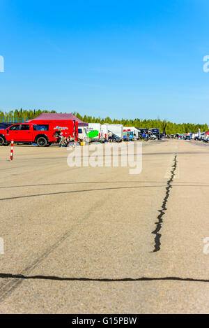 Emmaboda, Sweden - May 7, 2016: 41st South Swedish Rally in service depot. The airstrip works as depot area with stations for ea Stock Photo