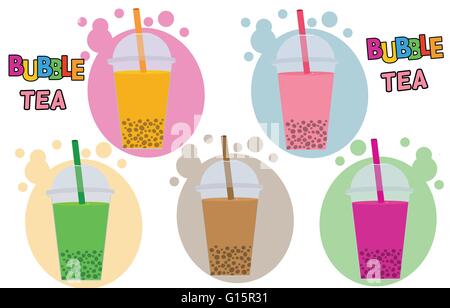 Bubble Tea or Tea Cocktail set in different colors, vector illustration Stock Vector