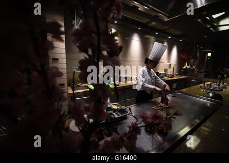 Taiyuan, Taiyuan, CHN. 6th May, 2016. Taiyuan, China - May 6 2016: (EDITORIAL USE ONLY. CHINA OUT ) Li Rufang, born in 1993, Taiyuan Shanxi. She learned teppanyaki from her cook brother in Beijing. After years she went back to Taiyuan and worked in Japanese Restaurant of five-star Mandarin Oriental Hotel. © SIPA Asia/ZUMA Wire/Alamy Live News Stock Photo