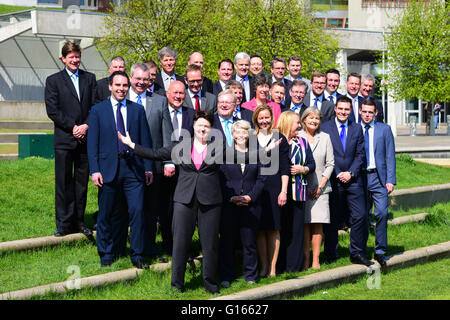 Edinburgh, Scotland, United Kingdom, 10, May, 2016. Scottish Conservative leader Ruth Davidson (Front, L) and newly-elected Conservative MSPs pictured outside the Scottish Parliament, after overtaking Scottish Labour in the Scottish Parliament elections to become the main opposition, Credit:  Ken Jack / Alamy Live News Stock Photo