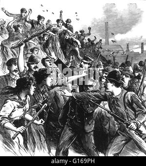 The Homestead Strike was an industrial lockout and strike which began on June 30, 1892, culminating in a battle between strikers and private security agents on July 6, 1892. The battle was the second largest and one of the most serious disputes in US labor history second only to the Battle of Blair Mountain. The dispute occurred at the Homestead Steel Works in the Pittsburgh area town of Homestead, Pennsylvania, between the Amalgamated Association of Iron and Steel Workers (the AA) and the Carnegie Steel Company. The final result was a major defeat for the union and a setback for efforts to un Stock Photo