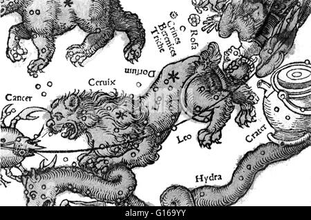 Leo constellation from from Petrus Apianus, Cosmographia, 1529. Leo is one of the constellations of the zodiac. Its name is Latin for lion. One of the 48 constellations described by the 2nd century astronomer Ptolemy, and it remains one of the 88 modern c Stock Photo