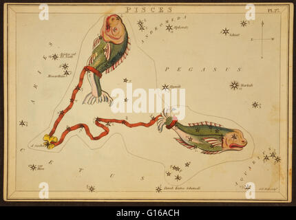 Astronomical chart showing two fish tethered with a ribbon forming the constellation. Pisces is a constellation of the zodiac. Its name is the Latin plural for fish. It is one of the 48 constellations described by the 2nd century astronomer Ptolemy, and r Stock Photo