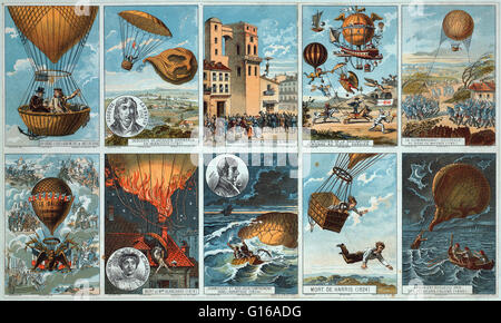 Collecting cards with pictures of events in ballooning history from 1795 to 1846. Balloonomania was a strong public interest or fad in hot air balloons that originated in France in the late 18th century and continued into the 19th century, during the adve Stock Photo