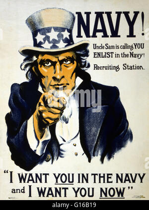 Entitled: 'Navy! Uncle Sam is calling you - enlist in the Navy!' 1917. Poster showing Uncle Sam pointing at the viewer. Uncle Sam (initials U.S.) is a common national personification of the American government that, according to legend, came into use duri Stock Photo