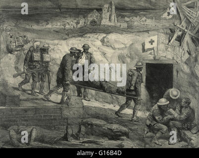 Sketch of wounded soldiers entering an aid station during World War I by Lucien Jonas. During combat or training operations, military units may establish aid stations behind front lines to provide medical support to troops in the field. In United States m Stock Photo