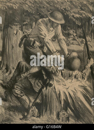 Entitled: Au bois belleau. Sketch shows an American soldier strangling a soldier at Belleau Wood battle during World War I by Lucien Jonas. The Battle of Belleau Wood occurred during the German 1918 Spring Offensive in World War I, near the Marne River in Stock Photo