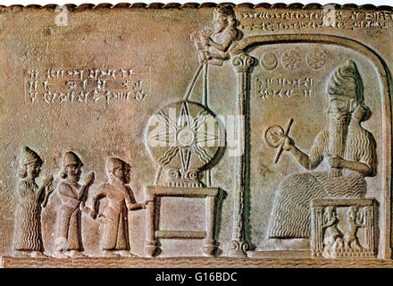 The Tablet of Shamash is a stone tablet recovered from the ancient Babylonian city of Sippar in southern Iraq in 1881. It is dated to the reign of King Nabu-apla-iddina circa 888-855 BC. The bas-relief on the top of the obverse shows Shamash, the Sun God, Stock Photo