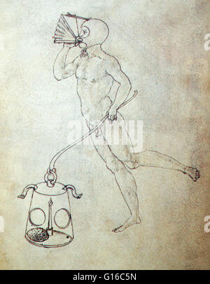 Invention designed by an anonymous Sienese engineer depicts a diver with bellows for breathing underwater and a watertight lamp. Between the Middle Ages and the Renaissance, Siena developed a series of technical specialities. Siena's artist-engineers put Stock Photo