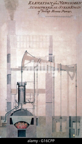 Drawing of a 20 hp Newcomen engine. The atmospheric engine invented by Thomas Newcomen in 1712, often referred to simply as a Newcomen engine, was the first practical device to harness the power of steam to produce mechanical work. Newcomen engines were u Stock Photo