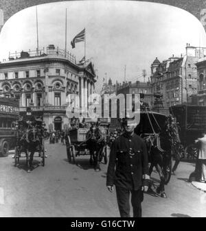 Stereograph from 1895 entitled: 'England - London - Piccadiiy Circus.' Piccadilly Circus connects to Piccadilly, a thoroughfare whose name first appeared in 1626 as Piccadilly Hall, named after a house belonging to Robert Baker, a tailor famous for sellin Stock Photo