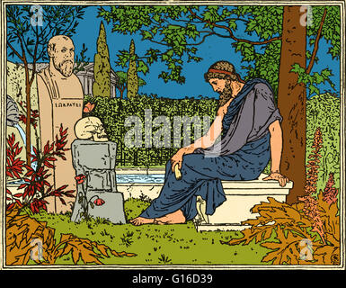 Plato meditating on immortality before Socrates, the butterfly, skull and poppy, about 400 B.C. Plato (424/423-348/347 BC) was a Classical Greek philosopher, mathematician, student of Socrates, writer of philosophical dialogues, and founder of the Academy Stock Photo