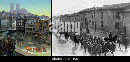 Composite image of a 1919 color poster by Maurice Toussaint of soldiers marching beside a river and over a bridge into a shelled Verdun, contrasted with a black and white image of French prisoners taken through a French suburb of Verdun in 1916. The Battl Stock Photo