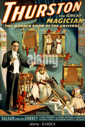 Entitled: 'Thurston the great magician the wonder show of the universe' lithograph poster created by the Strobridge Lithographing Company, 1914. Magic has a long history of being associated with the devil and the dark arts. The explosion of devilish adver Stock Photo