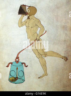 Invention designed by an anonymous Sienese engineer depicts a diver with bellows for breathing underwater and a watertight lamp. Between the Middle Ages and the Renaissance, Siena developed a series of technical specialities. Siena's artist-engineers put Stock Photo