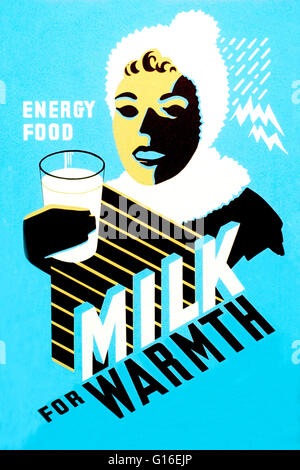 Entitled: 'Milk - for warmth. Energy food'. Poster for Cleveland Division of Health promoting milk, showing a woman wearing winter clothing holding a glass of milk. The Federal Art Project (FAP) was the visual arts arm of the Great Depression era New Deal Stock Photo