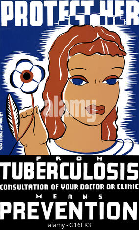 Entitled: 'Protect her from tuberculosis. Consultation of your doctor or clinic means prevention'. Poster promoting regular medical checkups for prevention of tuberculosis, showing woman holding a flower. The Federal Art Project (FAP) was the visual arts Stock Photo